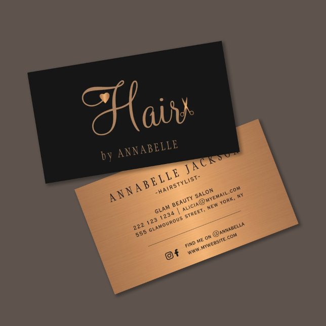 Hair salon glam black gold metallic hairstylist business card (Creator Uploaded)