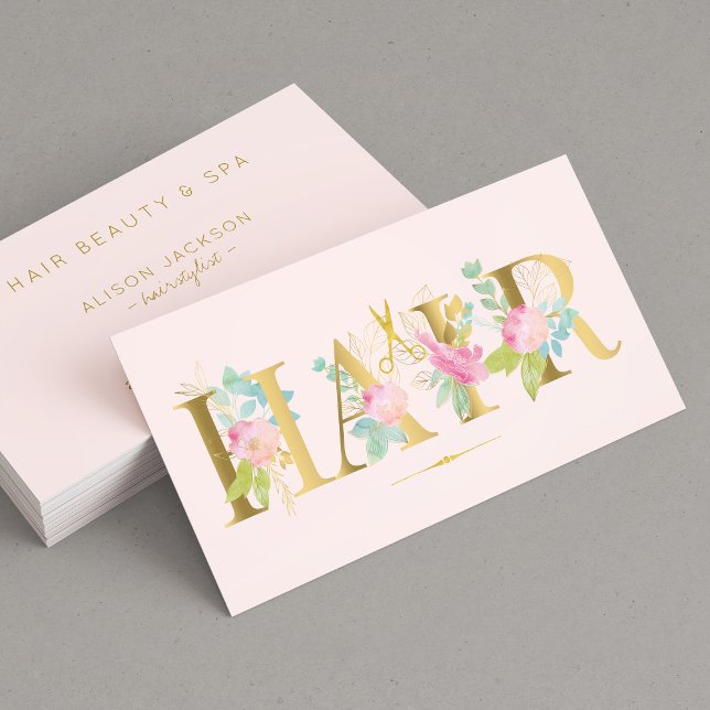 Hair salon gold and pink blush luxury hair dresser business card (Creator Uploaded)