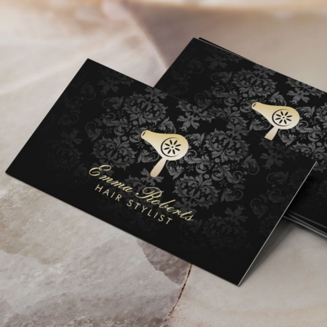 Hair Salon Gold Blow Dryer Logo Elegant Damask Business Card (Creator Uploaded)