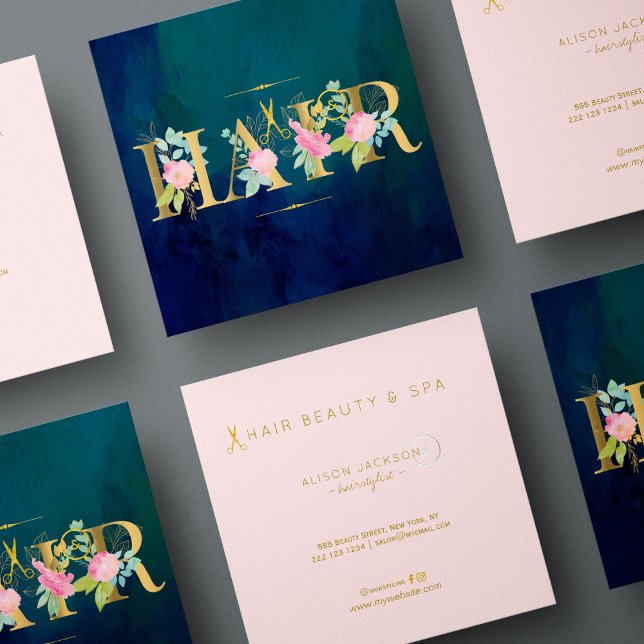 Hair salon gold blush pink navy luxury glam square business card (Creator Uploaded)
