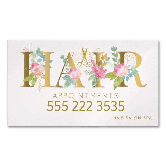 Hair salon gold floral pink appointments phone no 	Magnetic business card (Front)