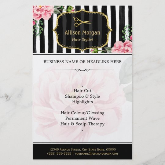 Hair Salon Gold Glitter Black White Floral Flyer Zazzle Co Uk