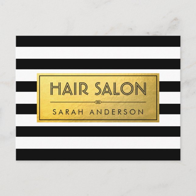 HAIR SALON - Gold Label and Black White Stripes Postcard (Front)