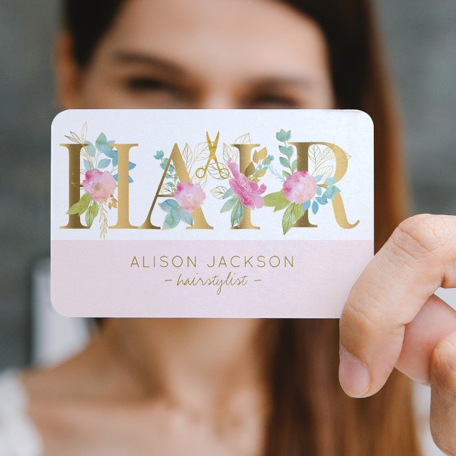Hair salon gold pink blush glam hairstylist business card (You can choose ROUNDED CORNERS option)