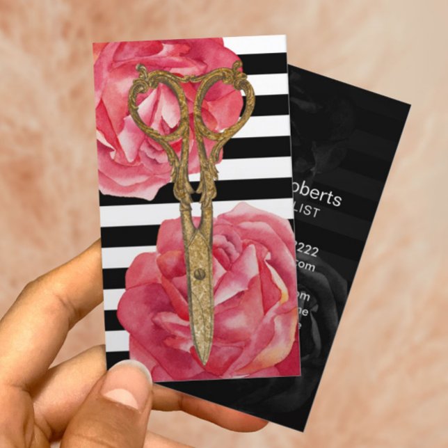 Hair Salon Gold Scissor & Rose Modern Stripes Business Card (Creator Uploaded)