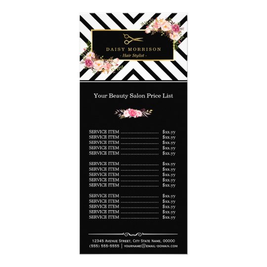 Hair Salon Gold Scissors Floral Stripes Price List Rack Card