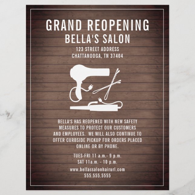Hair Salon Grand Reopening Rustic Wood Flyer (Front)
