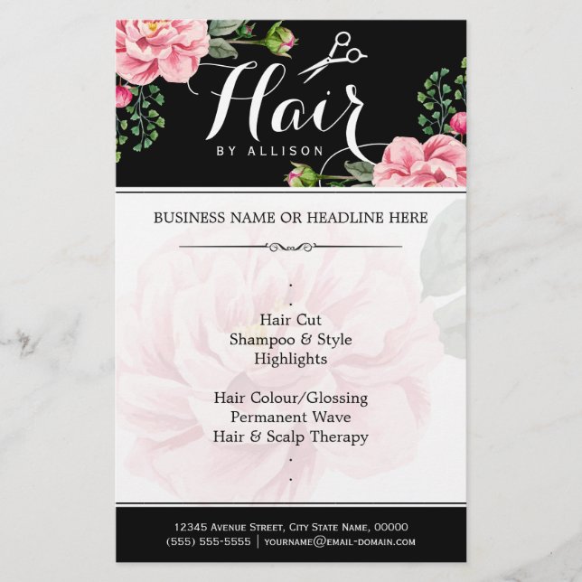 Hair Salon Hair Cut Black White Floral Flyer (Front)
