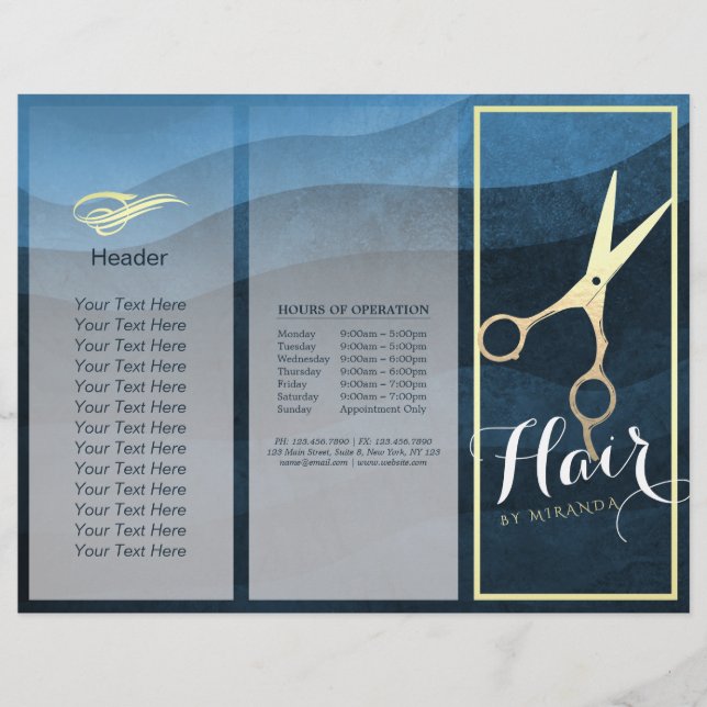 Hair Salon Hairstylist Blue Gold Scissors Tri-Fold (Front)