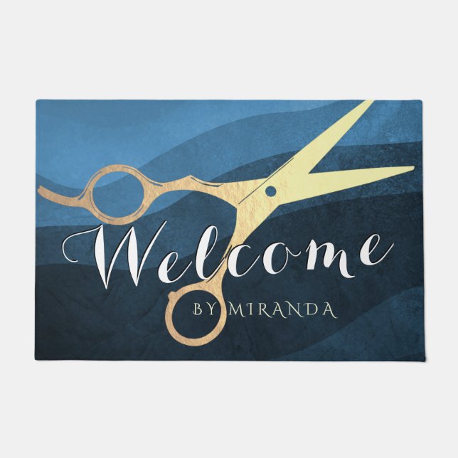 Hair Salon Hairstylist Blue Gold Scissors Welcome Doormat (Front)
