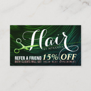 Hair Salon Hairstylist Green Gold Scissor Referral Card