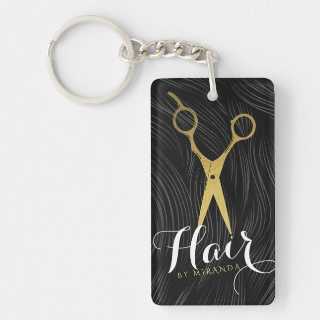 Hair Salon Hairstylist Modern Black Gold Scissors Key Ring (Front)