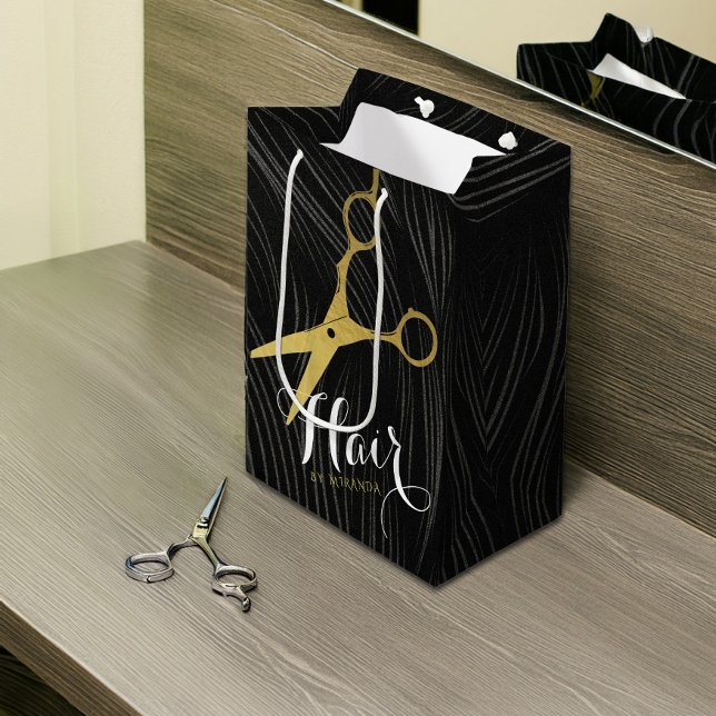 Hair Salon Hairstylist Modern Black Gold Scissors Medium Gift Bag (Creator Uploaded)