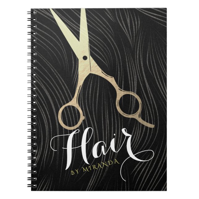 Hair Salon Hairstylist Modern Black Gold Scissors Notebook (Front)