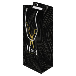 Hair Salon Hairstylist Modern Black Gold Scissors Wine Gift Bag