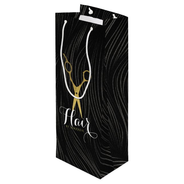 Hair Salon Hairstylist Modern Black Gold Scissors Wine Gift Bag (Back Angled)