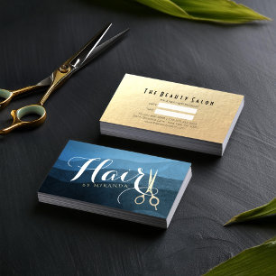 Hair Salon Hairstylist Modern Blue & Gold Scissors Appointment Card