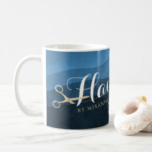Hair Salon Hairstylist Modern Blue & Gold Scissors Coffee Mug