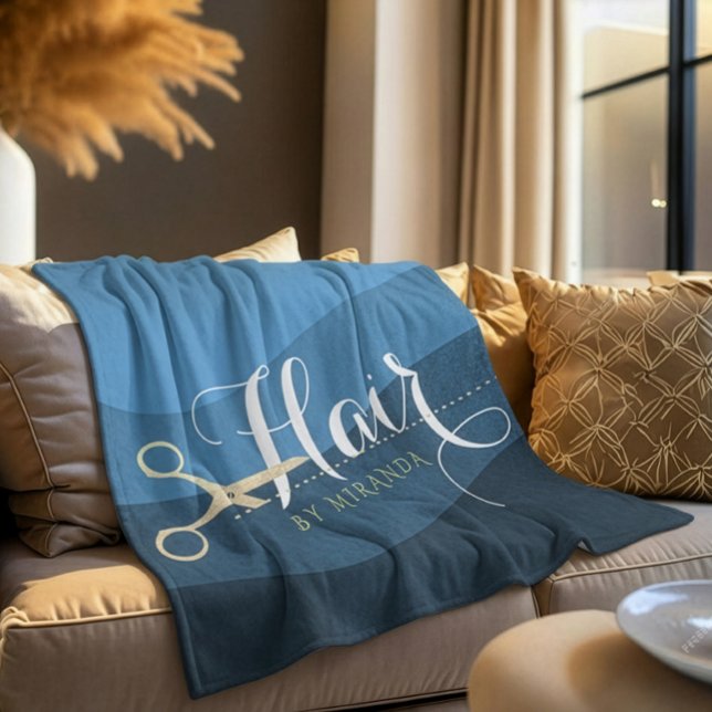 Hair Salon Hairstylist Modern Blue & Gold Scissors Fleece Blanket (Creator Uploaded)