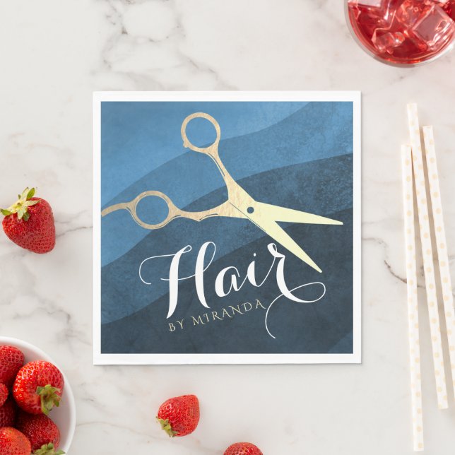 Hair Salon Hairstylist Modern Blue & Gold Scissors Napkin (Insitu)