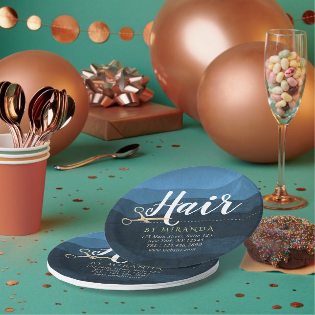 Hair Salon Hairstylist Modern Blue & Gold Scissors Paper Plate (Multi)