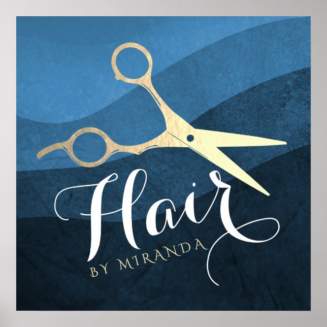 Hair Salon Hairstylist Modern Blue & Gold Scissors Poster (Front)