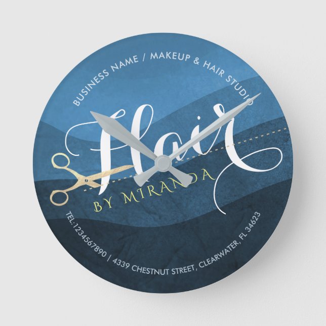 Hair Salon Hairstylist Modern Blue & Gold Scissors Round Clock (Front)
