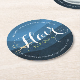 Hair Salon Hairstylist Modern Blue & Gold Scissors Round Paper Coaster