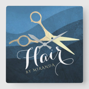 Hair Salon Hairstylist Modern Blue & Gold Scissors Square Wall Clock