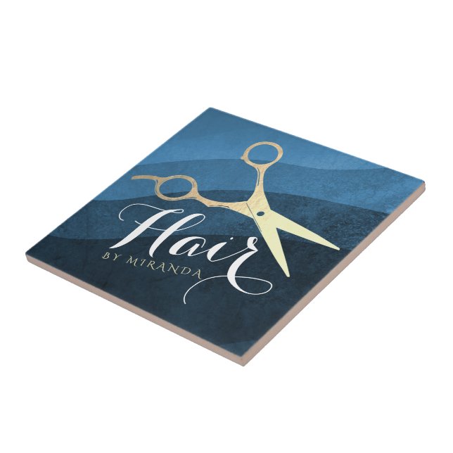 Hair Salon Hairstylist Modern Blue & Gold Scissors Tile (Side)
