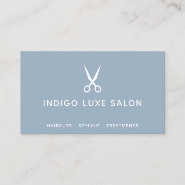 Hair Salon Hairstylist Modern Scissors Dusty Blue Business Card (Front)