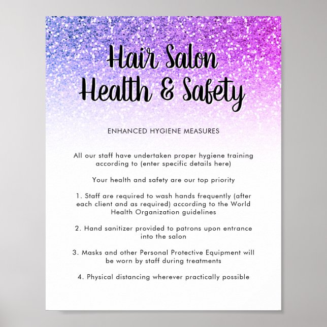 Hair Salon Health Safety Poster Purple Glitter (Front)