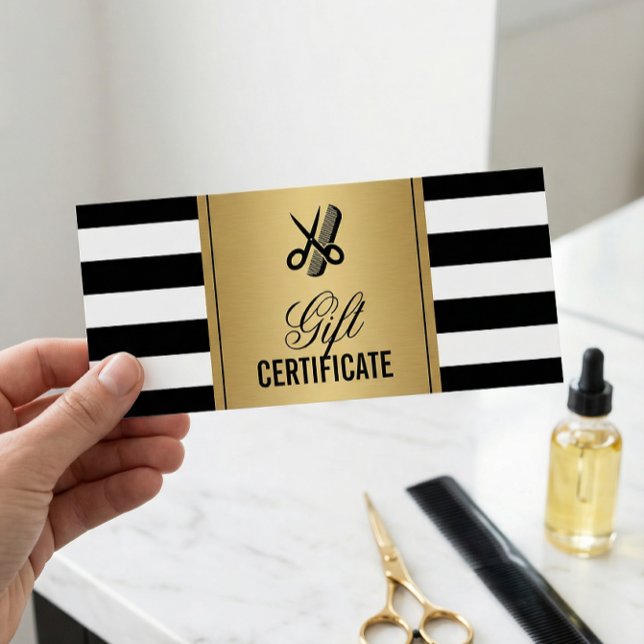 Hair Salon Logo Gift Certificate Gold B&W Stripes (Creator Uploaded)