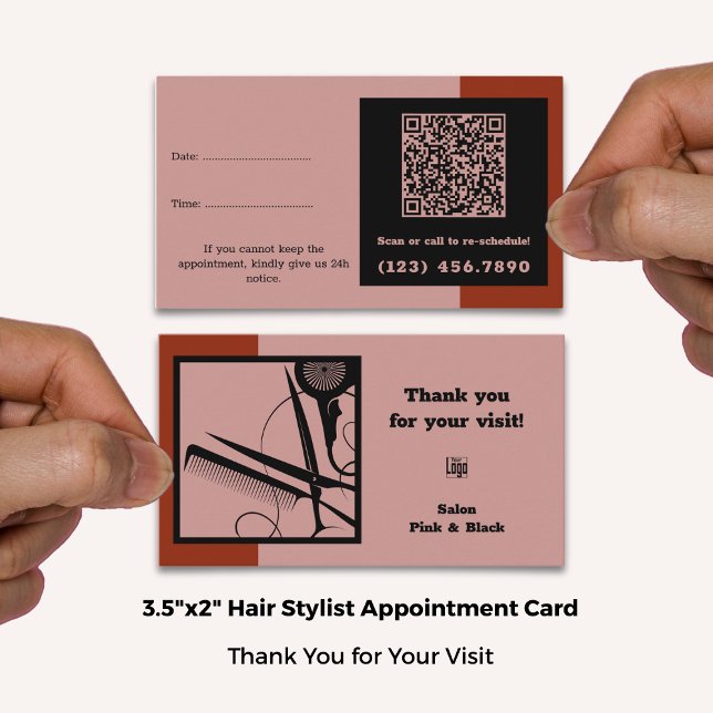 Hair Salon Logo QR Code Pink Black Red Thank You & Appointment Card (Hair Salon Logo QR Code Pink Black Red Thank You & Appointment Card; Standard Size: 3.5x2 Inch)