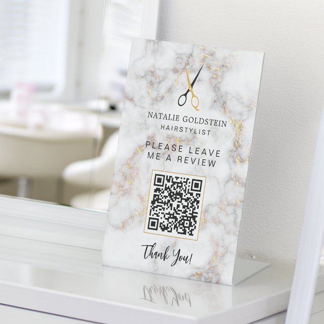Hair Salon Marble Black Gold Scissor QR Review  Pedestal Sign (Hair Salon Marble Black Gold Scissor QR Review Pedestal Sign)