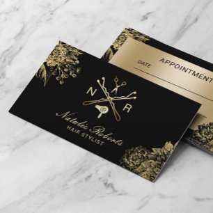 Hair Salon Modern Black & Gold Floral Appointment Card