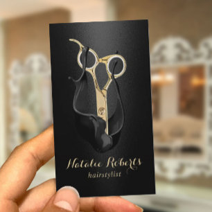 Hair Salon Modern Black Gold Scissor Hair Stylist Business Card