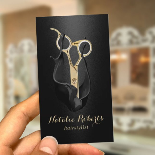Hair Salon Modern Black Gold Scissor Hair Stylist Business Card (Creator Uploaded)