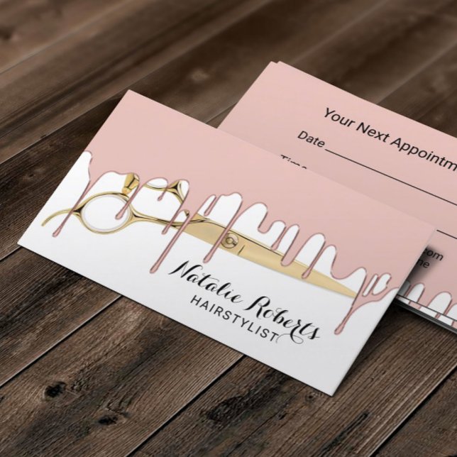 Hair Salon Modern Rose Gold Dripping Gold Scissor Appointment Card (Creator Uploaded)