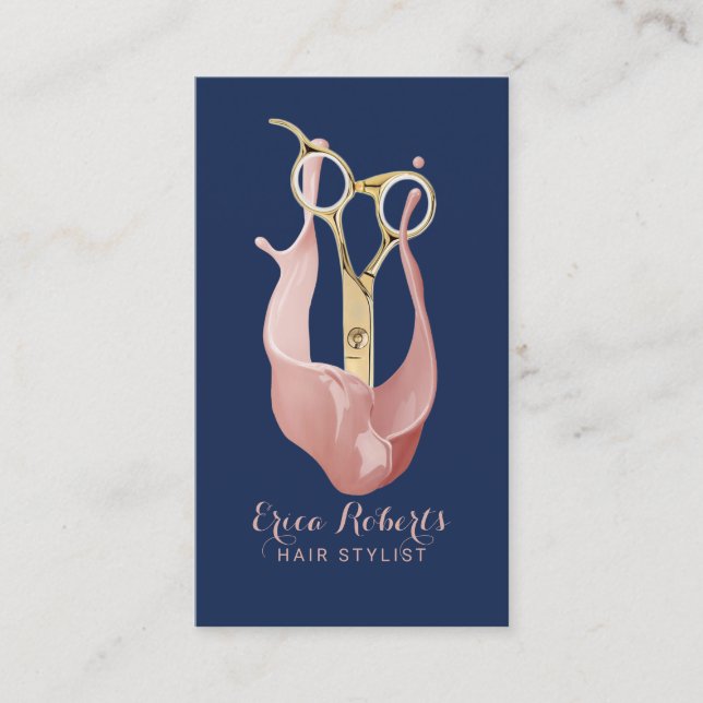 Hair Salon Modern Rose Gold Navy Blue Hair Stylist Business Card (Front)