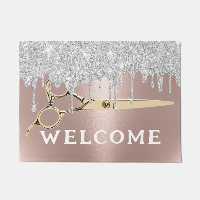 Hair Salon Modern Rose Gold & Silver Drips Welcome Doormat (Front)