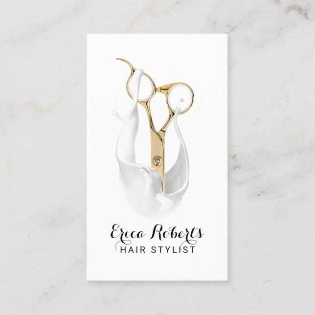 Hair Salon Modern White Gold Scissor Hair Stylist Business Card (Front)