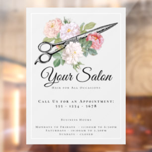 Hair Salon Opening Hours Pink Roses Light Grey Window Cling