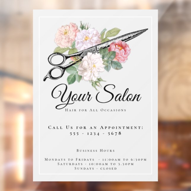 Hair Salon Opening Hours Pink Roses Light Grey Window Cling (Sheet 2)