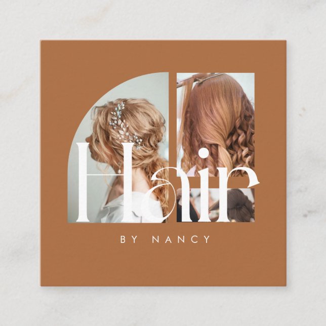 Hair Salon Photo Collage Terracotta  Square Business Card (Front)