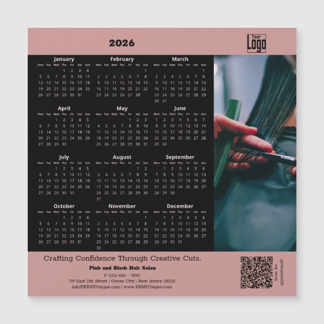 Hair Salon Pink Black 2026 Calendar Magnet (Front)