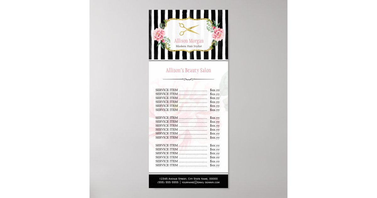 Hair Salon Price List Blush Pink Gold Chic Floral Poster ...