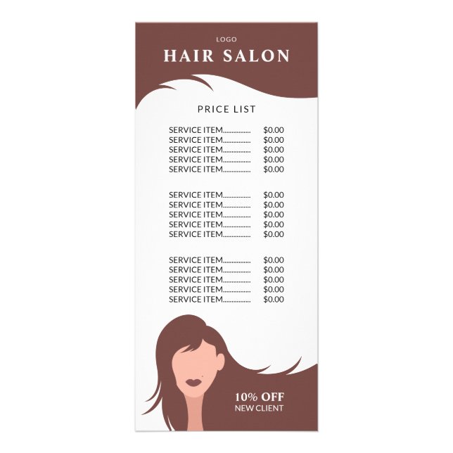 Hair Salon Price List Brunette Hairstylist Model Rack Card (Front)