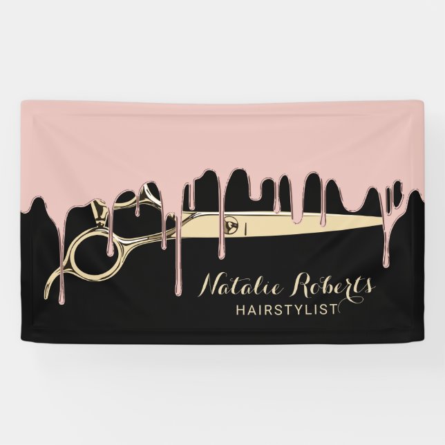 Hair Salon Rose Gold Dripping Gold Scissor Black Banner (Horizontal)