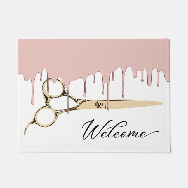 Hair Salon Rose Gold Dripping & Scissor Welcome Doormat (Front)